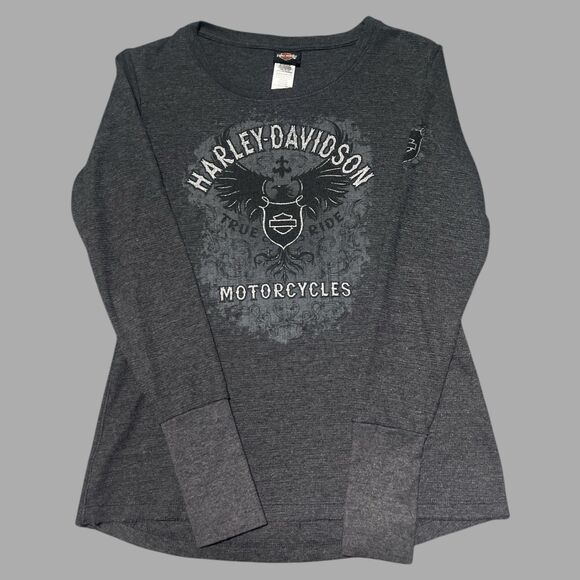 Harley Davidson Women’s Small Gray Long Sleeve Shirt RK Stratman Biker Graphic - Picture 1 of 3